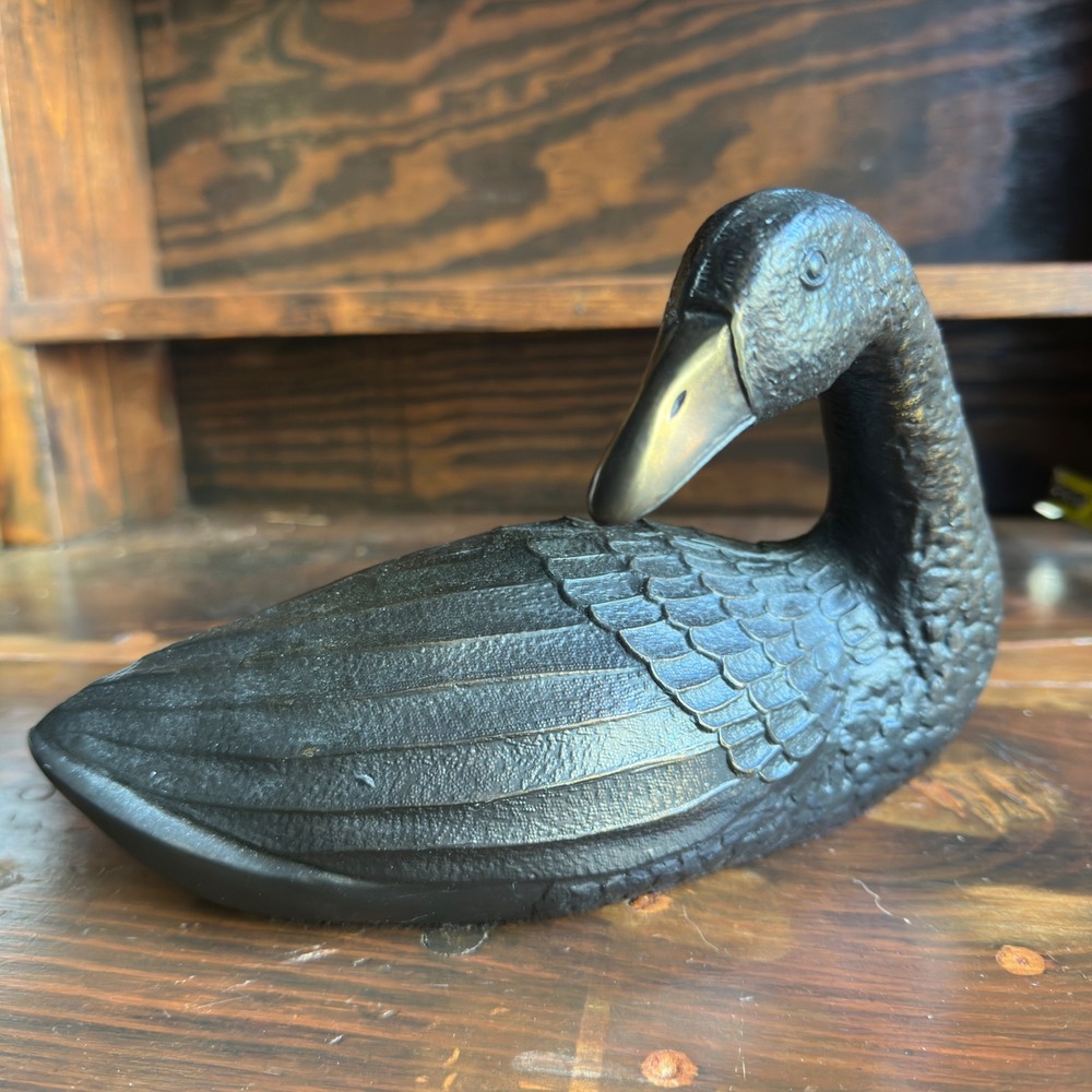Vintage Preening Swan Figurine Black Hollow Cast Metal Brass Beak Bird Decor 9in